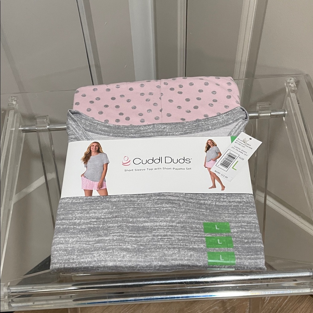 Cuddl Duds Gray Top with Pink Polka Dot Shorts